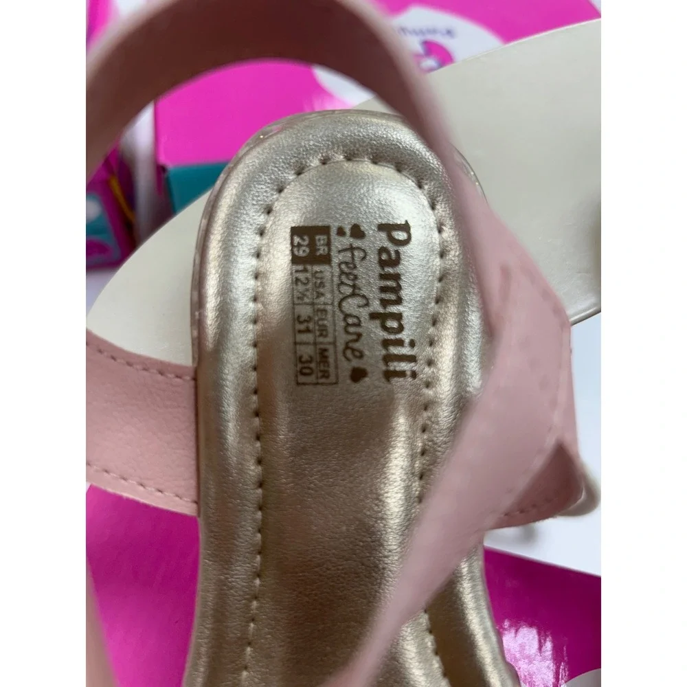 Pampili Girls Pink Holographic Heart Strappy Sandals Gold Footbed Size 12.5 US